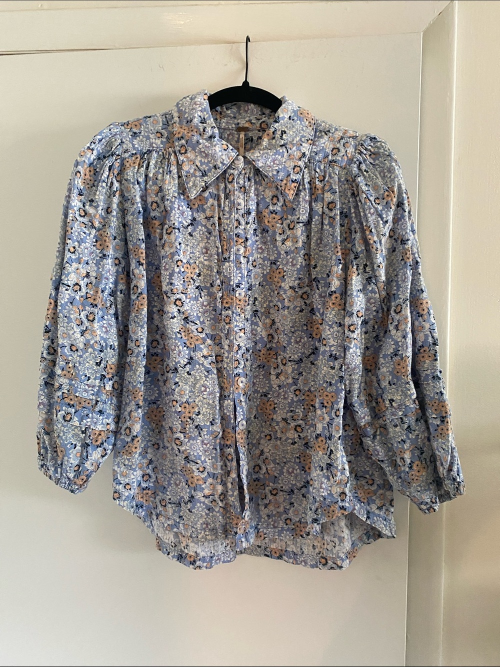 Free People Blue and Cream Floral Puff-Sleeve Button-Down Blouse